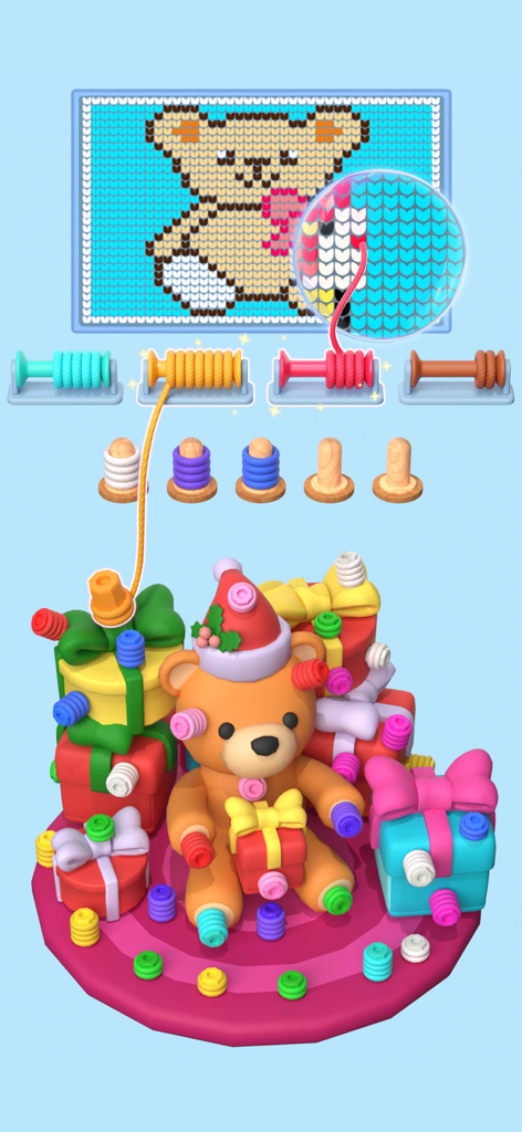 Wool Master 3D - Thread Sort - A 3D teddy bear and Christmas gifts with yarn threads being sorted to complete a cross stitch bear painting