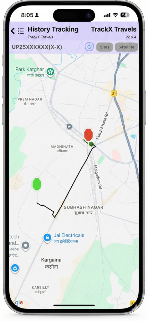 Track-X - Track-X mobile App-Oberfläche zeigt die historische Routenverfolgung für ein Fahrzeug auf einer interaktiven Karte
