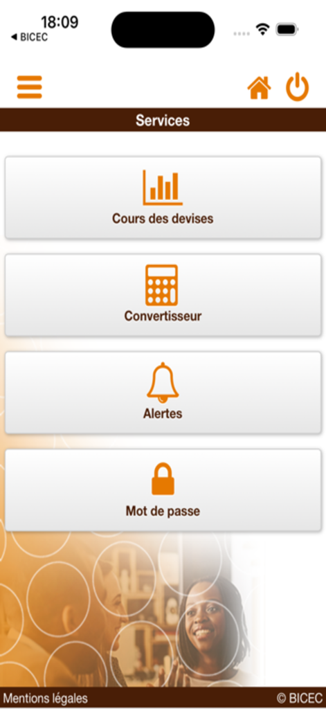 Menu des services de l'application BICEC Mobile Banking affichant les options pour les alertes de convertisseur de devises et la gestion des mots de passe