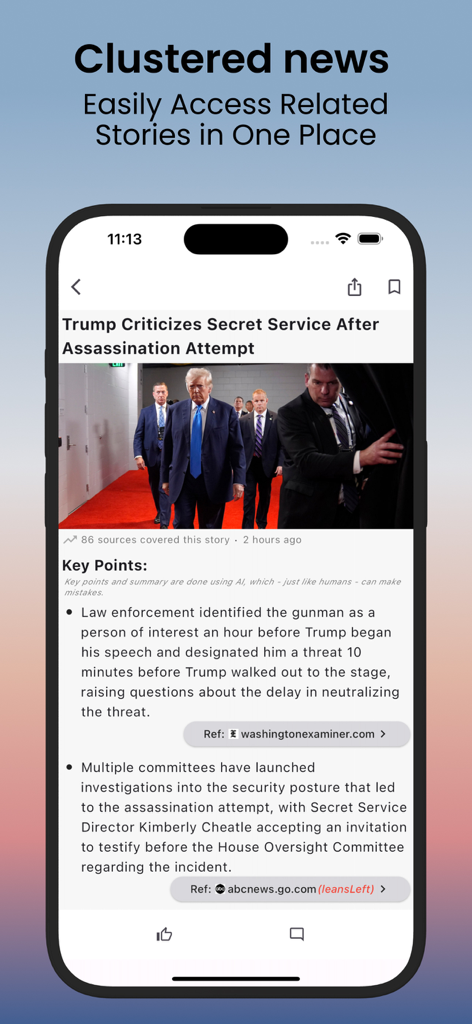 Interfaz de la aplicación LetMeKnow que muestra noticias agrupadas con puntos clave generados por IA e indicadores de sesgo mediático para una historia específica.
