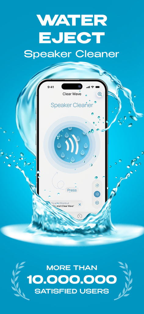 Clear Wave app interface showing water eject and speaker cleaning feature with a water splash background