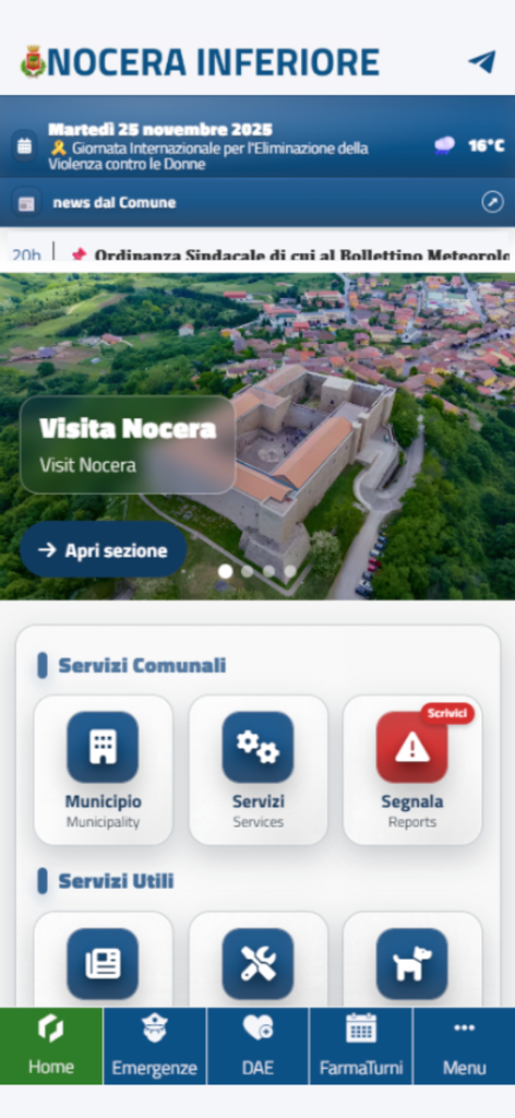 Home screen of the Nocera Inferiore mobile app showing city services and a visit section