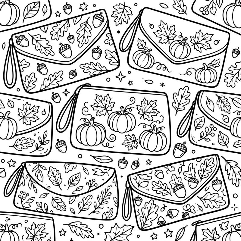 Dive into the cozy vibes of autumn with this delightful coloring page featuring stylish clutch bags adorned with fall leaves, pumpkins, and acorns. It's the perfect creative activity for kids to celebrate the season with a touch of fashion.