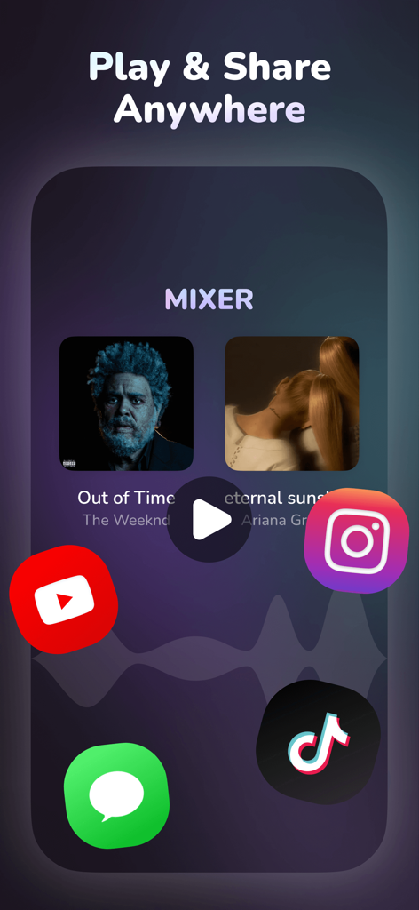Mixer - Song Mashup Maker - Interfaz de la aplicación Mixer para compartir mashups de canciones en plataformas de redes sociales como TikTok e Instagram.
