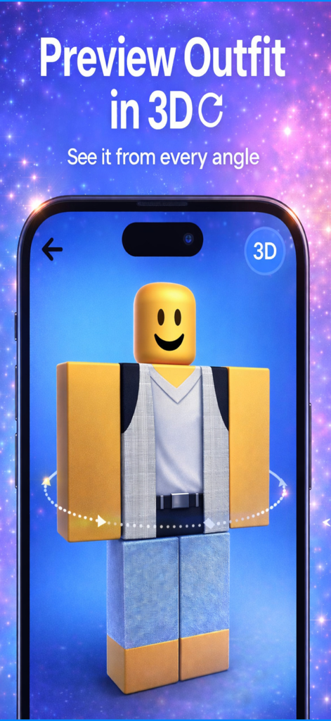 Uma pré-visualização 3D de uma roupa de avatar Roblox personalizada no aplicativo criador de roupas.