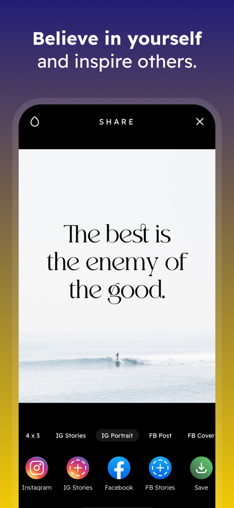 Inspire ~ Daily Quotes - Interface of Inspire app showing social media sharing options for a motivational quote