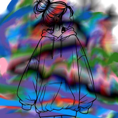 realistic girl with a oversized sweatshirt on and a bun