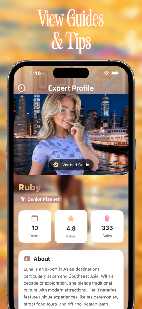 Lumen - Delightful Moments - Lumenアプリの認定旅行ガイドであるRubyの専門家プロフィール画面のスクリーンショット。
