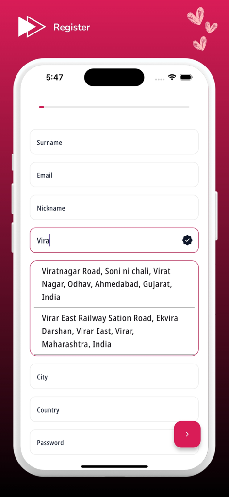User registration screen for the Upoznaj me Balkan dating app showing form fields for email and location.
