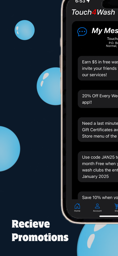 Touch4Wash - Touch4Wash app interface showing the My Messages section with car wash promotions and discount codes