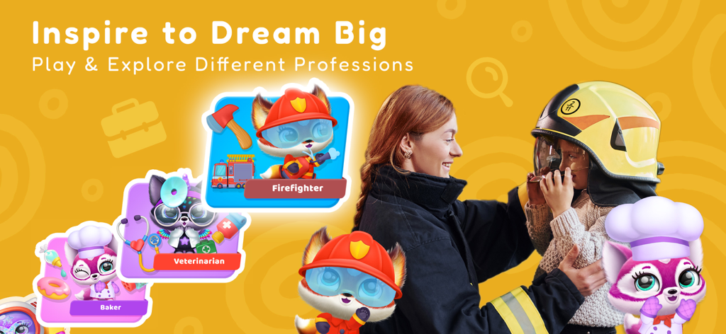 Fluvsies Academy: Learn & Play - Cartoon-Charaktere und ein echter Feuerwehrmann inspirieren Kinder, Berufe wie Tierarzt und Bäcker zu erkunden