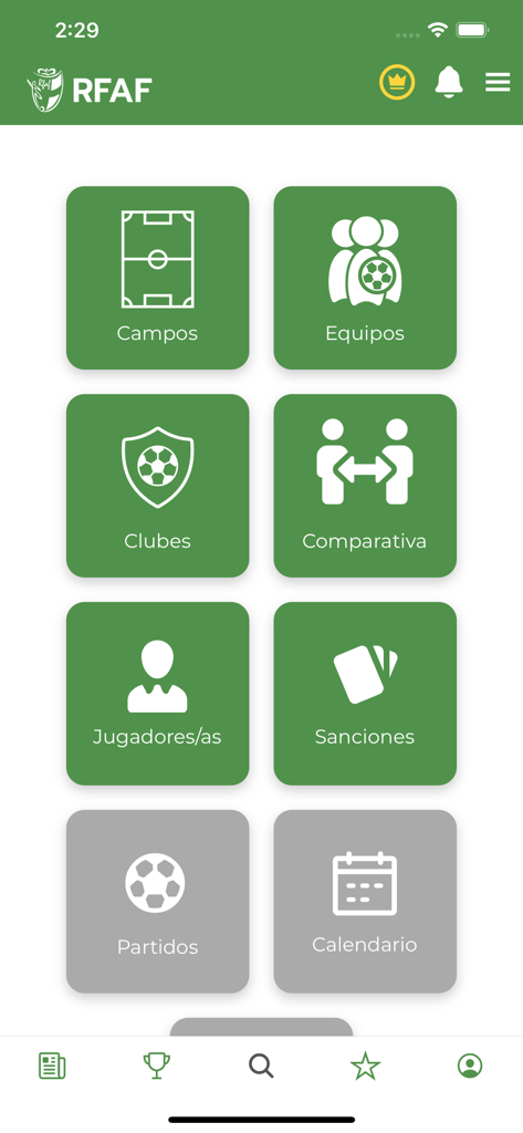 RFAF APP - RFAFアプリのメインメニュー、チームや選手などのサッカーカテゴリーを表示