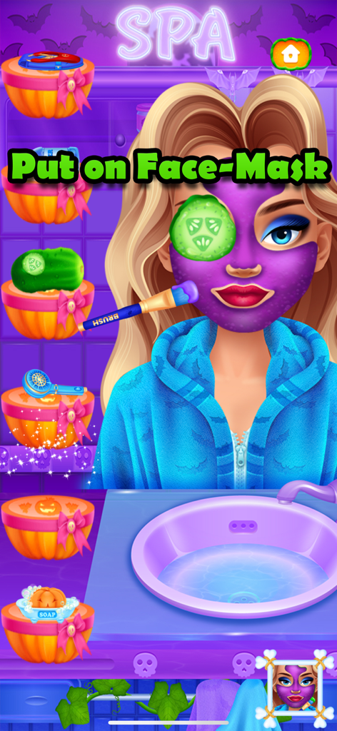 Halloween Makeover Simulator - A girl with a purple face mask and cucumber slice over her eye in a Halloween themed spa room