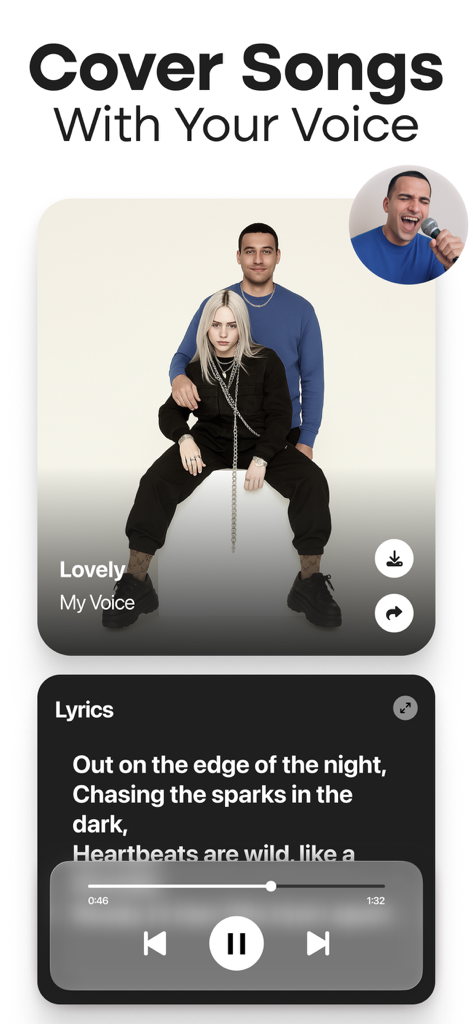 Interfaz de la aplicación MyTunes AI Music Generator mostrando la creación de canciones de portada y la visualización de letras