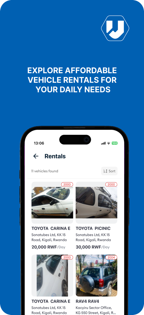 Vipi Transport - Vipi Transport app interface showing a list of available commercial vehicles for daily rental