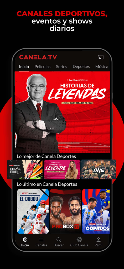 Canela.TV - Series y Películas - Smartphone display of the Canela TV app showing sports channels and programs in Spanish