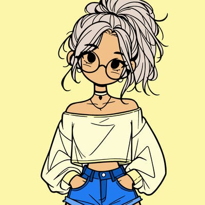 girl with a messy ponytail glasses a baggy crop top and jean shorts