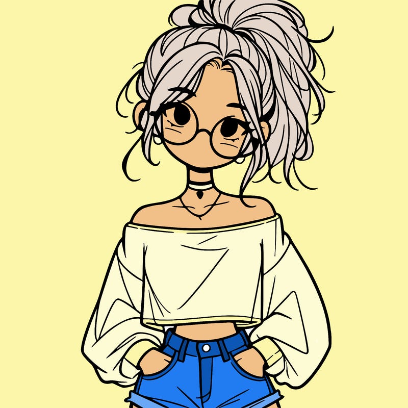girl with a messy ponytail glasses a baggy crop top and jean shorts