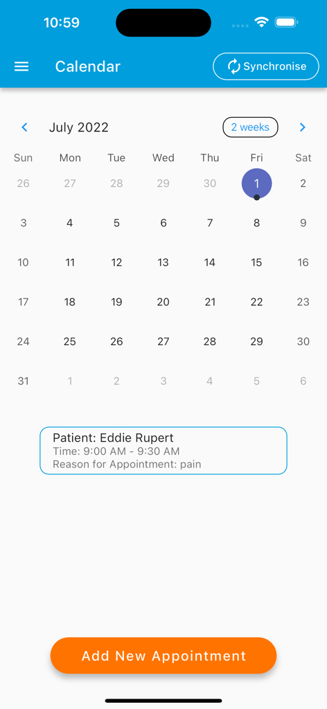 PocketPatientMD - PocketPatientMD medical calendar view displaying patient appointment details.
