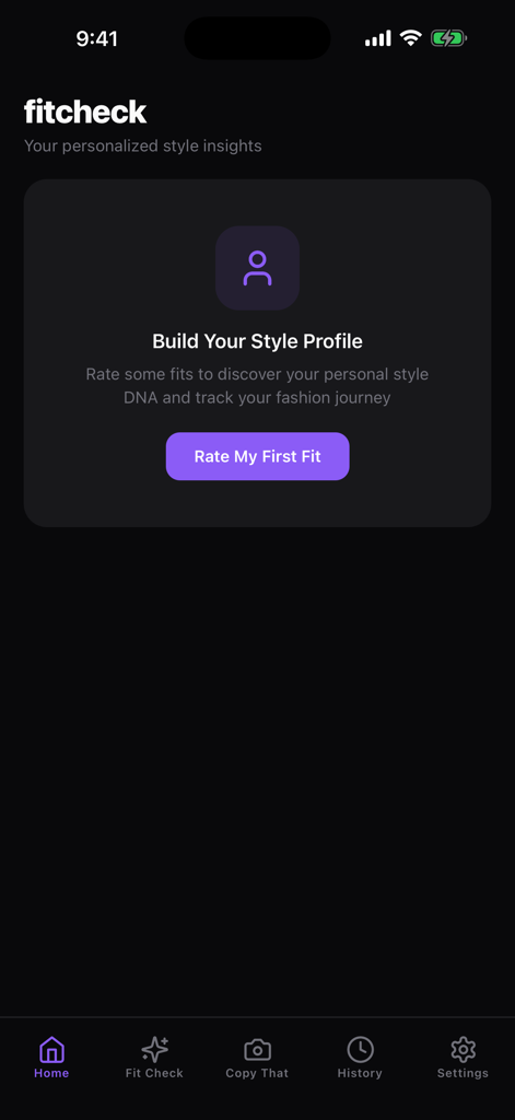 FitCheck: Your AI Style Critic - Pantalla de inicio de la aplicación FitCheck con una indicación para construir un perfil de estilo y calificar un primer atuendo.