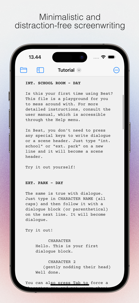 Interface minimalista de roteirização do aplicativo Beat para iOS mostrando um tutorial de roteiro com cabeçalhos de cena e diálogo.