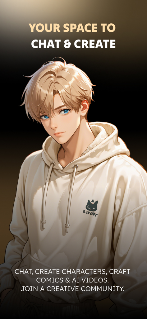 Saylo: AI Character Story Chat - Anime style male character on Saylo app screen with text your space to chat and create