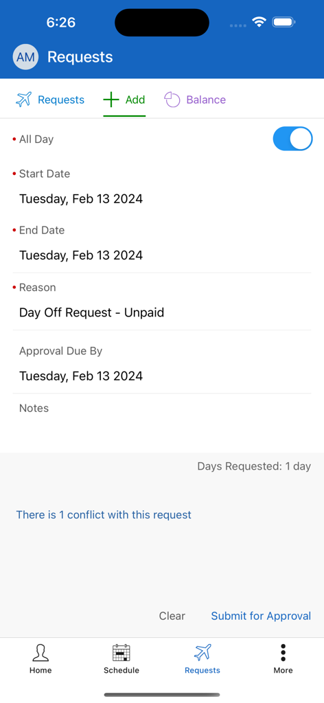 ESS 45 Zebra - ESS 45 Zebra mobile app screen showing a form to request an unpaid day off with date selection and conflict notification