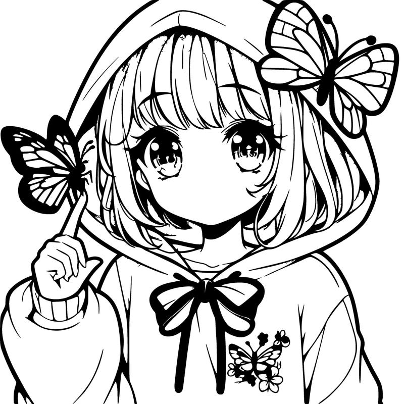 cute anime girl with with butterfly on here finger with cute eyes and over sized hoodie around her waste with a butterfly on it