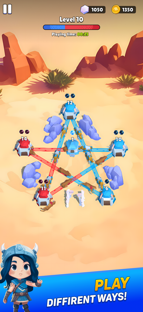 Connect Towers - Islands War - Gameplay screenshot of Connect Towers showing towers connected in a star formation during a desert level battle
