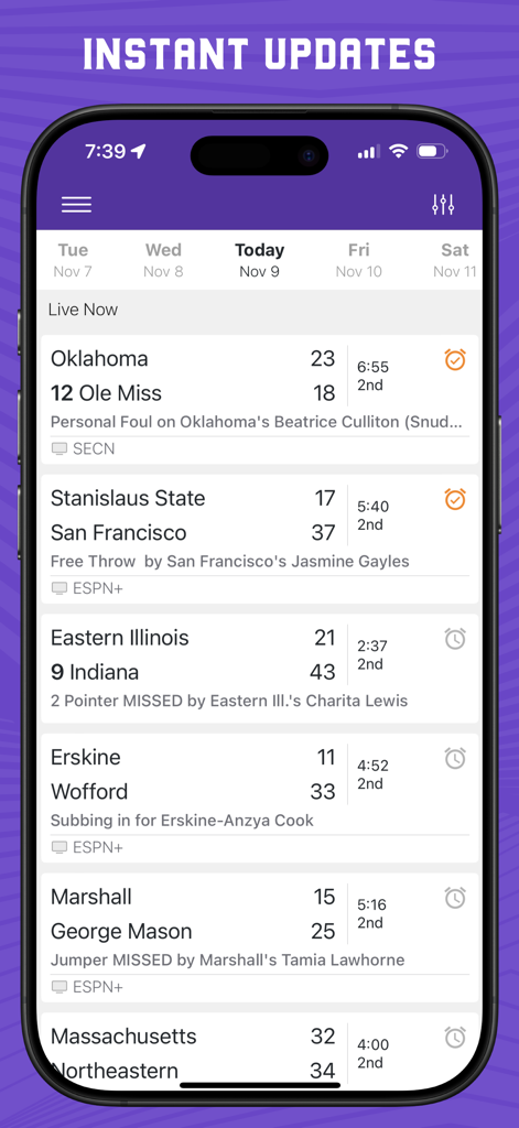 Superfan: Womens College Hoops - Real time scoreboard showing live NCAA women college basketball game scores and play by play updates