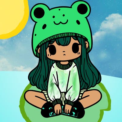 a girl wearing a frog hat and some frog socks