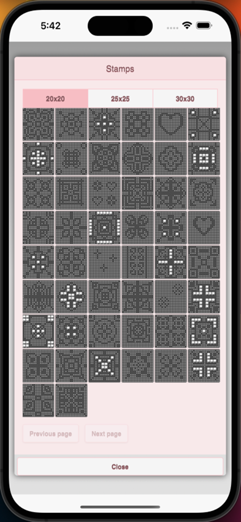 Filet Crochet Pattern Creator - A mobile app interface showing a library of various grid-based stamps and decorative motifs for filet crochet design.