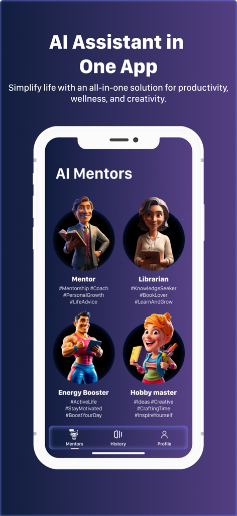 Pantalla de la app móvil Perspective AI que muestra cuatro personalidades de asistente de IA especializadas para coaching de productividad y estilo de vida