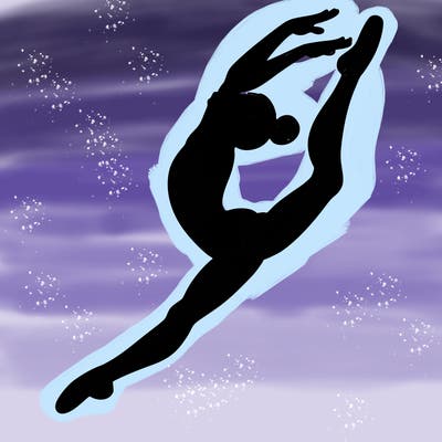 gymnast doing a leap in a leotard with a bent back leg