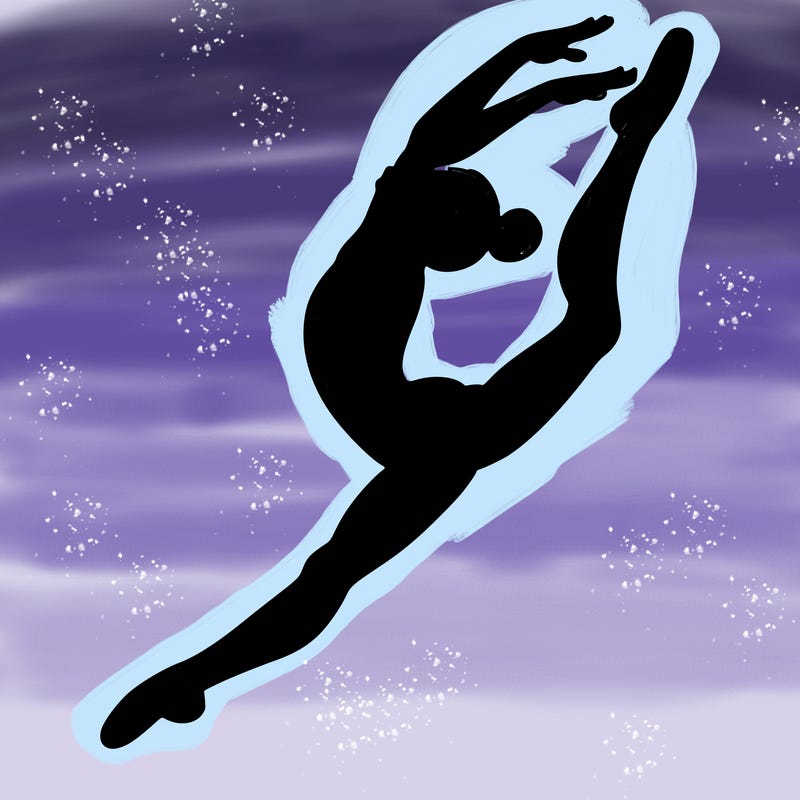 gymnast doing a leap in a leotard with a bent back leg