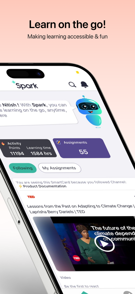 Cornerstone LearningExperience - Cornerstone LearningExperience mobile app interface showing activity metrics Spark AI assistant and a curated video learning feed