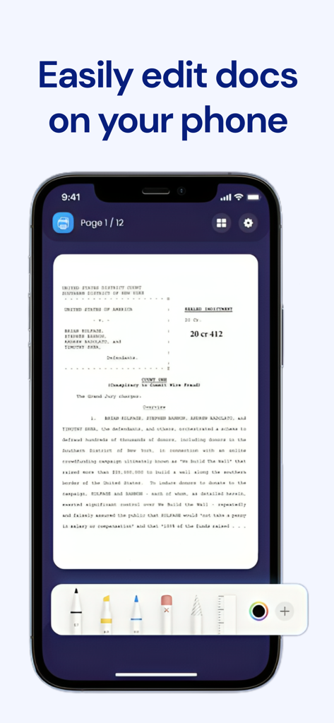 Smart Air Printer AI Scan PDF - An iPhone screen displaying a document being edited with a digital markup toolbar featuring pens and highlighters
