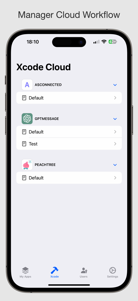 Connected - For App Developers - Interface showing Xcode Cloud workflow management for multiple apps in the Connected developer tool.