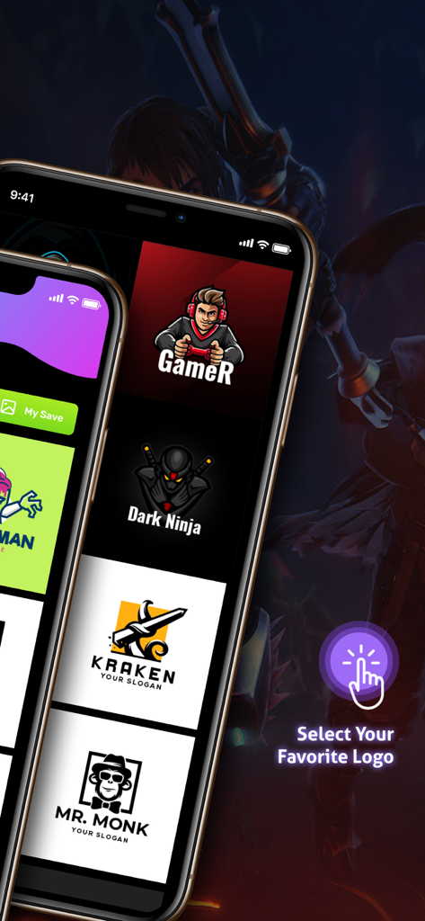 Logo Maker Esport Gaming Logo - Eine Vielzahl von Esport-Maskottchen-Logo-Vorlagen, angezeigt in einer mobilen App-Oberfläche.
