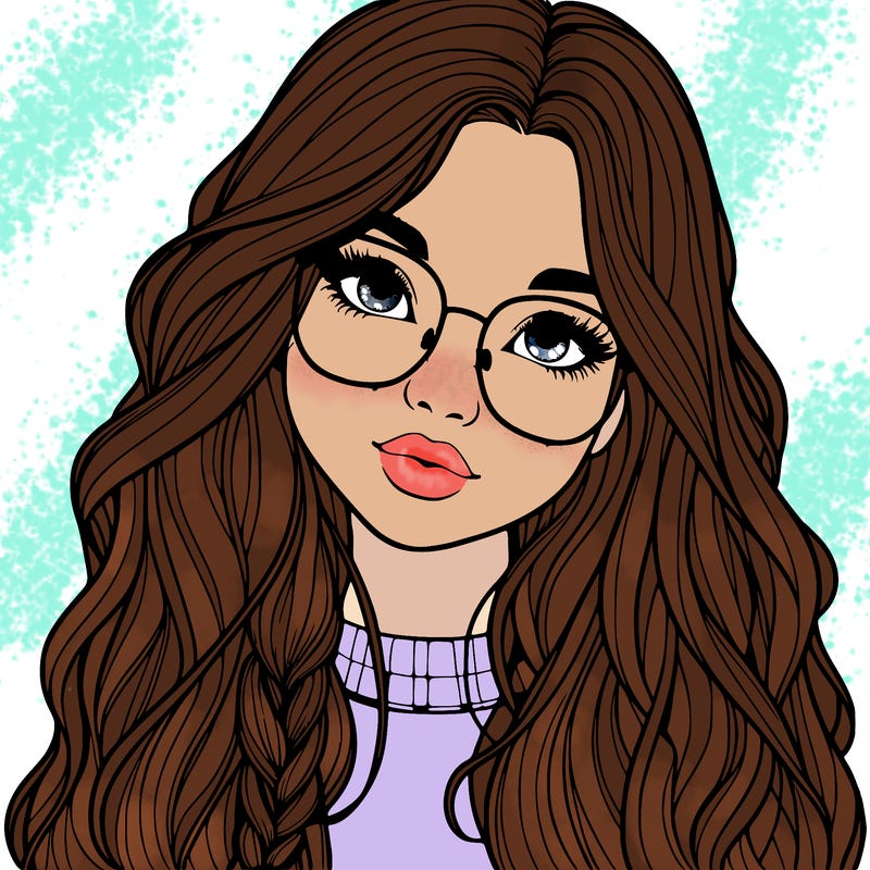girl with long hair and freckles and glasses realistic