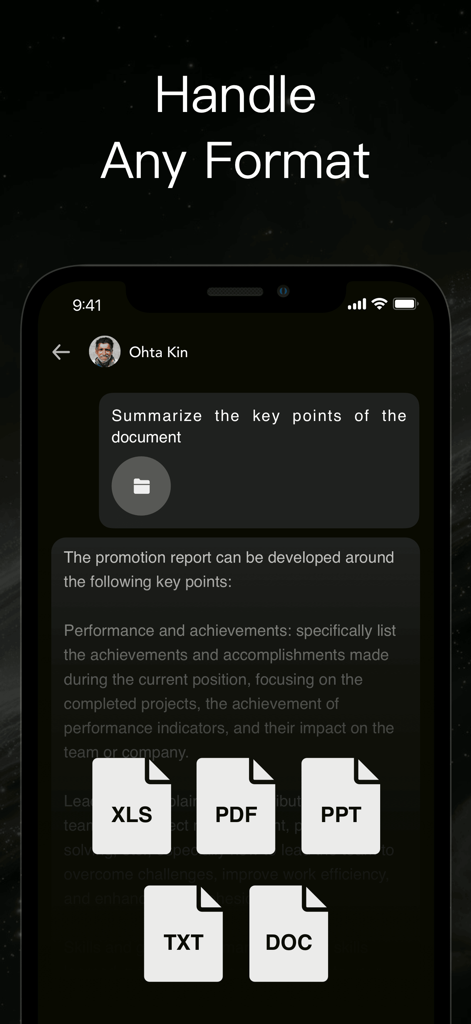 G.AI 4.1 - Ask AI Chatbot - Mobile app interface showing AI document summarization for various formats like PDF XLS and DOC