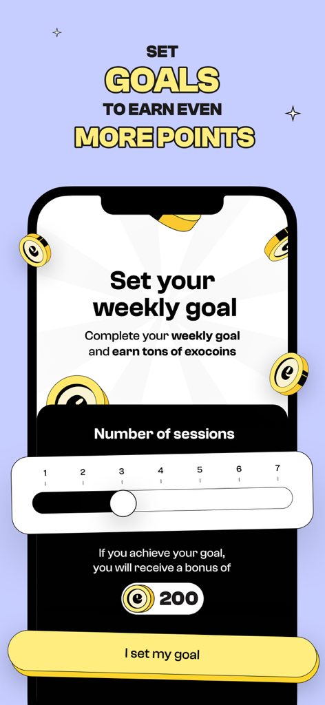 Interface of the EXO app showing a weekly workout goal slider to earn bonus exocoins.