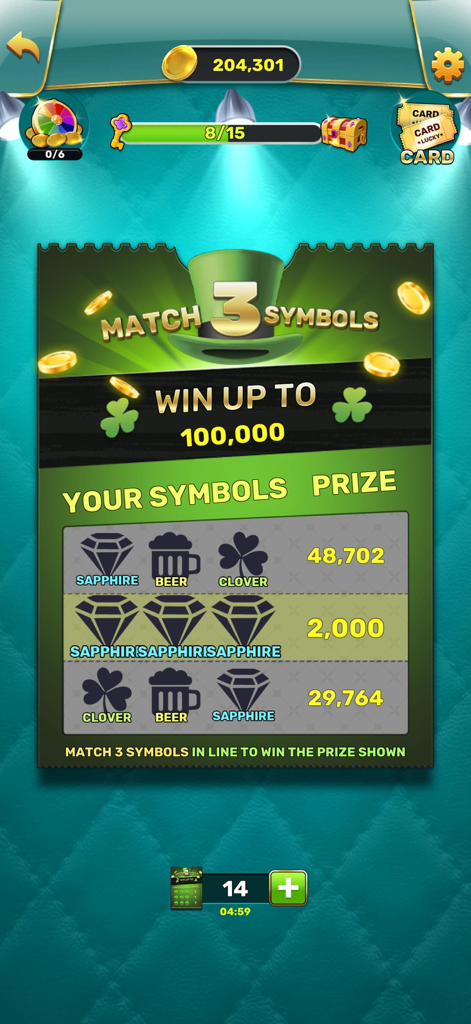 Scratchy Luck - Digital scratch card game screen showing a winning row of three sapphire symbols and a prize of 2000 coins.