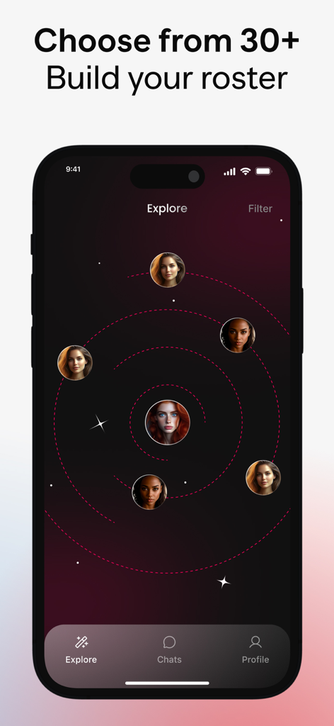 AI Girlfriends: Roster - Galaxy-themed interface for choosing multiple AI companions in the Roster app.