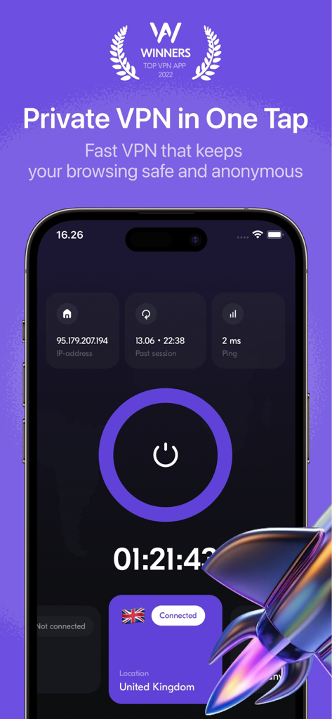 StealthConnect: VPN & Security - iPhone displaying the StealthConnect VPN app with a one tap connection button and security status