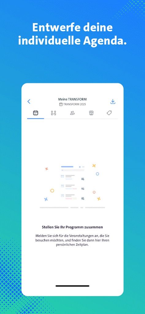 TRANSFORM app screen for designing an individual event agenda