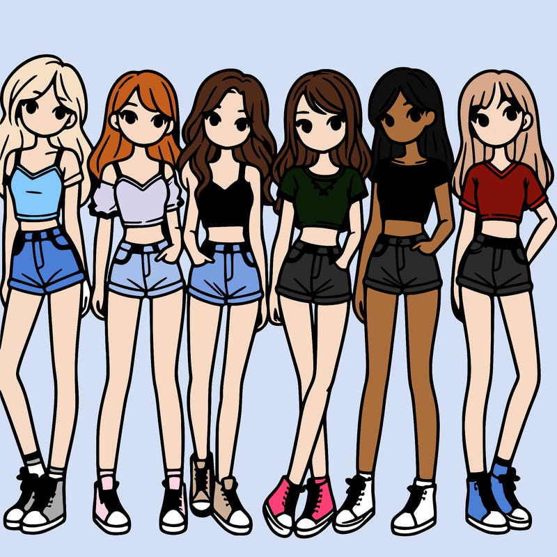 a group of girls wearing crop tops and shorts
