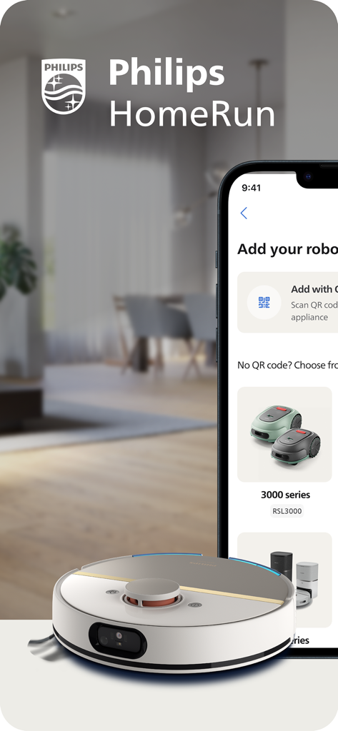 Philips HomeRun Robot App - Philips HomeRun app showing robot vacuum and mower setup options