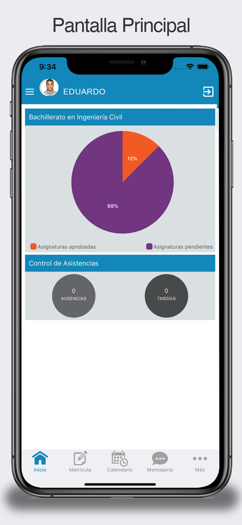 Main screen of the Class Universidades app showing student academic progress and attendance record
