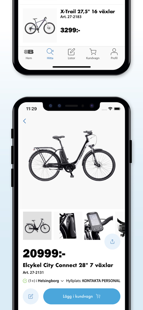 Biltema - Pantalla de la app de Biltema mostrando información y precio de un producto de bicicleta eléctrica